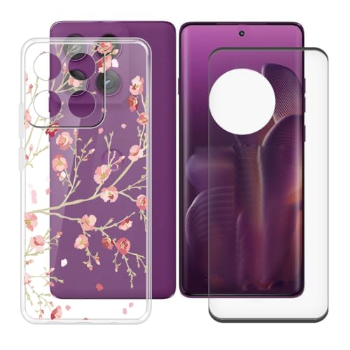 BUNALFaa Hülle für Motorola Edge 60 Pro (6.67") Cover Handyhülle + Gehärtetes Glas schutzfolie Displayschutzfolie, Hüllen Sturzsichere Schutzhülle Transparent Weich Silikon Case -Karminblüten von BUNALFaa