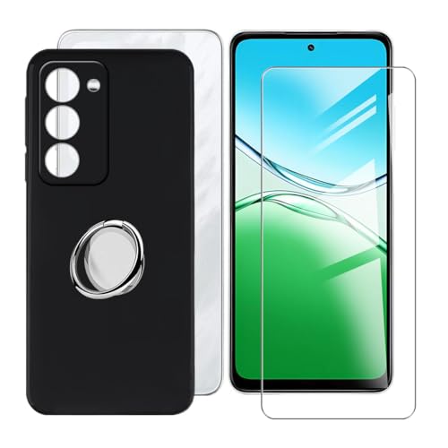 BUNALFaa Hülle für Oppo K13x 5G (6.67") Handyhülle + Gehärtetes Glas, Cover rutschfeste Schutzhülle Weich Silikon Case mit Handy Ring Handyhalter Fingerhalter 360° - Schwarz von BUNALFaa