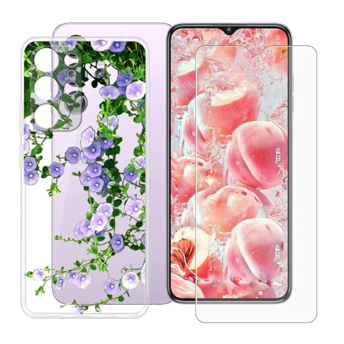 BUNALFaa Hülle für Oukitel C1 (6.52") Cover Handyhülle + Gehärtetes Glas schutzfolie Displayschutzfolie, Hüllen Sturzsichere Schutzhülle Clera Weich Silikon Case -Lila Blüten von BUNALFaa