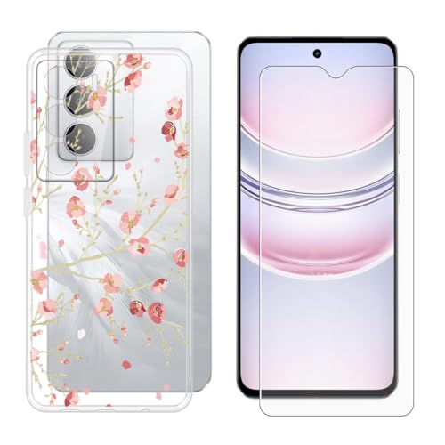 BUNALFaa Hülle für Realme C75 5G (6.67") Cover Handyhülle + Gehärtetes Glas schutzfolie Displayschutzfolie, Hüllen Sturzsichere Schutzhülle Transparent Weich Silikon Case -Karminblüten von BUNALFaa