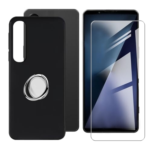 BUNALFaa Hülle für Sony Xperia 1 VII (6.50") Handyhülle + Gehärtetes Glas, Cover rutschfeste Schutzhülle Weich Silikon Case mit Handy Ring Handyhalter Fingerhalter 360° - Schwarz von BUNALFaa