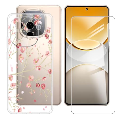 BUNALFaa Hülle für Vivo Y300 GT (6.78") Cover Handyhülle + Gehärtetes Glas schutzfolie Displayschutzfolie, Hüllen Sturzsichere Schutzhülle Transparent Weich Silikon Case -Karminblüten von BUNALFaa