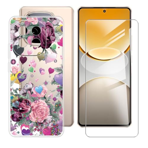 BUNALFaa Hülle für Vivo Y300 GT (6.78") Cover Handyhülle + Gehärtetes Glas schutzfolie Displayschutzfolie, Hüllen Sturzsichere Transparent Weich Silikon Case -Blühende Blumen von BUNALFaa