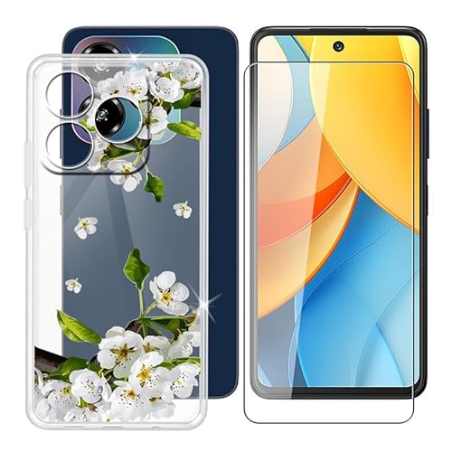 BUNALFaa Hülle für ZTE Blade V60 Vita (6.60") Schutzhülle Clear Bumper Cover Sanft Silikon TPU Schale Case Handyhülle + Gehärtetes Glass schutzfolie Temperierte Folie - Birnenblüten von BUNALFaa