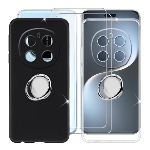 BUNALFaa für Honor Magic7 (6.78") Handyhülle + Displayschutz(2 Sätze), 2 Silikon Hülle rutschfeste Stoßkasten Schale Schutzhülle mit Handy Ring Handyhalter 360° - Schwarz+Transparent von BUNALFaa