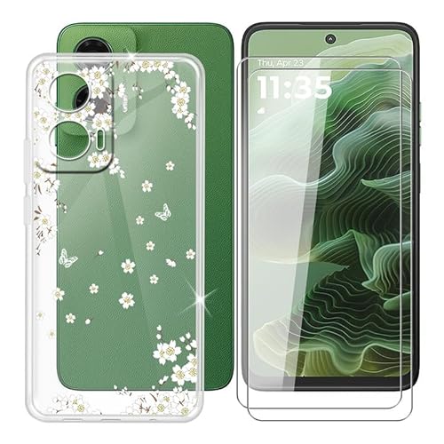 BUNALFaa für Motorola Moto G35 (6.72") Handyhülle + Displayschutz(2 Sätze), Silikon Hülle rutschfeste Stoßfest Sturzsichere Schutzhülle Weich Bumper Case - Transparente Blumen von BUNALFaa