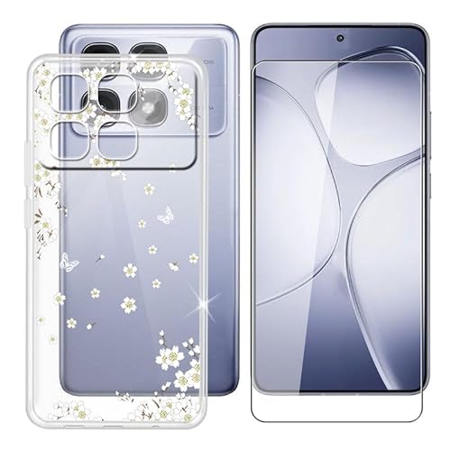 BUNALFaa für Redmi K70 Ultra (6.67") Handyhülle + Gehärtetes Glas, Hülle rutschfeste Stoßfest Sturzsichere Schutzhülle Weich Silikon Case - Weiße Blumen von BUNALFaa