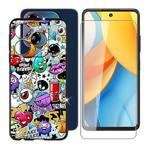 BUNALFaa für ZTE Blade V60 Vita (6.60") Handyhülle + Gehärtetes Glas, Silikon Hülle rutschfeste Stoßfest Sturzsichere Schutzhülle Weich Bumper Case - Verschiedene Kritzeleien von BUNALFaa