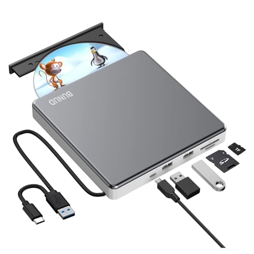 BUNUD Externe CD/DVD Laufwerk, USB 3.0 & Typ-C Tragbarer CD DVD Brenner mit SD-TF-Steckplatz und 2 USB-Anschlüssen, Slim Externes DVD Laufwerk Extern für Laptop, PC, iMac, Apple Windows von BUNUD