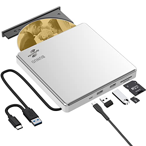 BUNUD Externes CD DVD Laufwerk USB 3.0 Type-C LightScribe CD/DVD Brenner mit SD/TF & 2 USB, Optical Laufwerke für Laptop Mac Windows 11/10 MacBook PC iMac von BUNUD