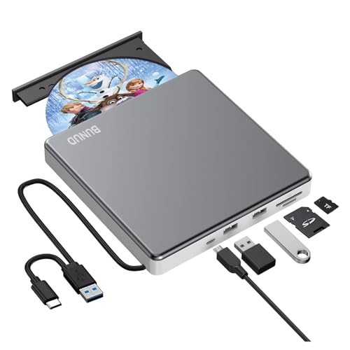 BUNUD Externes CD DVD Laufwerk USB 3.0 Type-C mit USB & SD/TF, Optical CD-ROM Brenner für Laptop Windows 11 10 Mac MacBook Air Pro Apple iMac PC von BUNUD