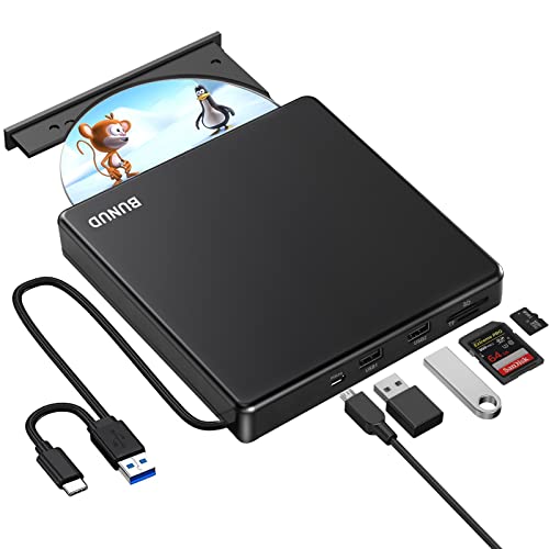 BUNUD Externe CD/DVD Laufwerk mit 2 USB & SD/TF Slots USB 3.0 & Type-C CD DVD Brenner, Optical DVD-Laufwerke Extern für Laptop PC Windows 11 10 Mac MacBook Pro/Air iMac von BUNUD