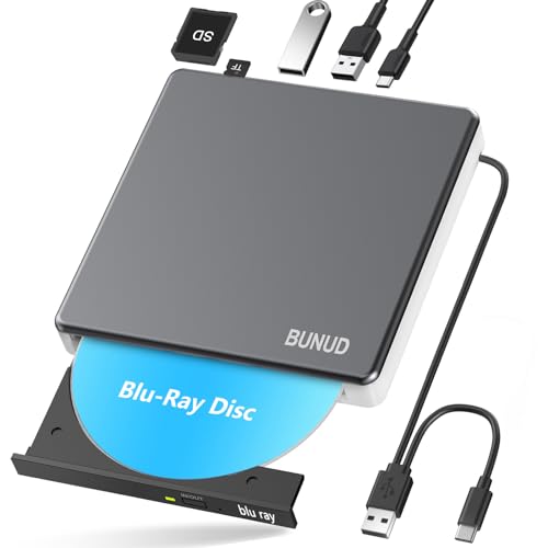 Externes Blu Ray CD DVD Laufwerk USB 3.0 & Type-C CD/DVD Blu-Ray Brenner Writer mit 2 USB & SD/TF Slots, Optical 3D BD Bluray Laufwerk Extern für PC Laptop Windows 11/10 Mac MacBook von BUNUD