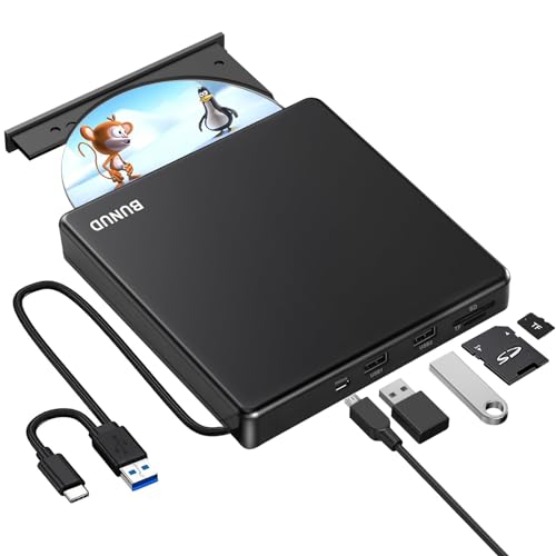 Externes CD/DVD-Laufwerk, USB 3.0 Typ-C CD/DVD Brenner Rewriter mit SD/TF & 2 USB, schlanker tragbarer DVD-Player für Laptop PC Mac MacBook Pro Air Apple iMac Externes CD/DVD-Laufwerk, USB 3.0 Typ-C CD/DVD Brenner Rewriter mit SD/TF & 2 USB, schlanker tragbarer DVD-Player für Laptop PC Mac MacBook Pro Air Apple iMac von BUNUD