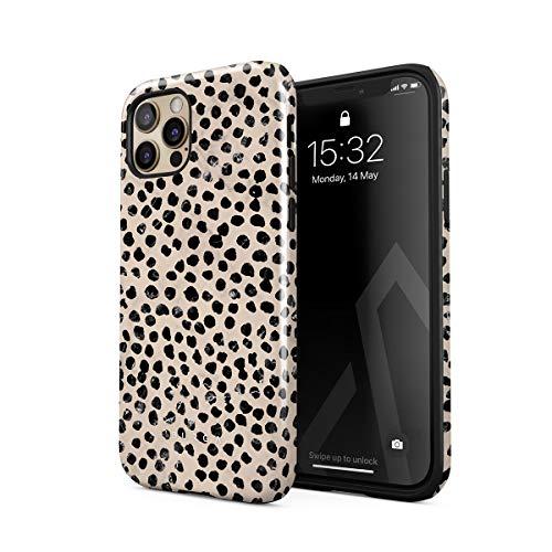 BURGA Hülle Kompatibel mit iPhone 12 PRO MAX - Handy Huelle Schwarz Punktmuster Polka Dots Pattern Almond Latte für Frauen Robustes Stoßfestes Doppellagiges Hardcase + Silikon Handyhülle Case Cover von BURGA