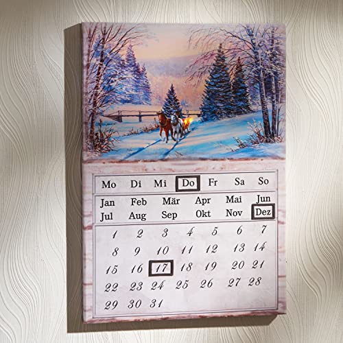 BURI Bildkalender Winterlandschaft mit LED Beleuchtung 35x50 cm Dauerkalender ewiger Kalender Wandbild magnetisch - beleuchteter Kalender mit Schneelandschaft von BURI