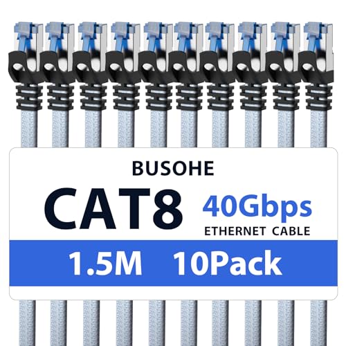 BUSOHE Cat 8 LAN Kabel 1,5m (10-Stück), 40Gbps 2000MHz Ethernet Kabel Netzwerkkabel, Flach Hochgeschwindigkeits Gigabit RJ45 Patchkabel, Geflochtener Internet Kabel Kompatibel mit PC, Router, Modem von BUSOHE