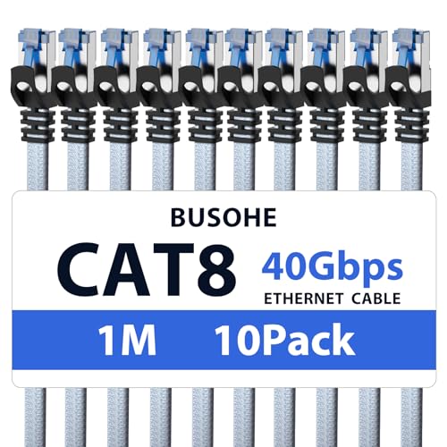 BUSOHE Cat 8 LAN Kabel 1m (10-Stück), 40Gbps 2000MHz Ethernet Kabel Netzwerkkabel, Flach Hochgeschwindigkeits Gigabit RJ45 Patchkabel, Geflochtener Internet Kabel Kompatibel mit PC, Router, Modem von BUSOHE