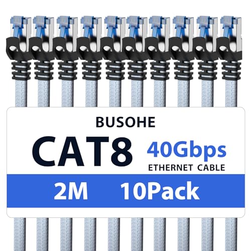BUSOHE Cat 8 LAN Kabel 2m (10-Stück), 40Gbps 2000MHz Ethernet Kabel Netzwerkkabel, Flach Hochgeschwindigkeits Gigabit RJ45 Patchkabel, Geflochtener Internet Kabel Kompatibel mit PC, Router, Modem von BUSOHE