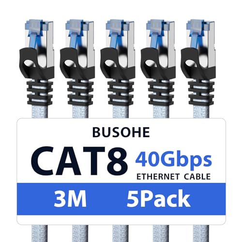 BUSOHE Cat 8 LAN Kabel 3 Meter (5-Stück), 40Gbps 2000MHz Ethernet Kabel Netzwerkkabel, Flach Hochgeschwindigkeits Gigabit RJ45 Patchkabel, Geflochtener Internet Kabel Kompatibel mit PC, Router, Modem von BUSOHE