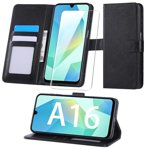 BUTISHIYU Handyhülle für Samsung Galaxy A16 5G Hülle [Mit 1 Stück Panzer Schutz Glas], Premium PU Leder, RFID Kartenfach Standfunktion, Lederhülle für Samsung Galaxy A16 5G / A16 4G - Schwarz von BUTISHIYU