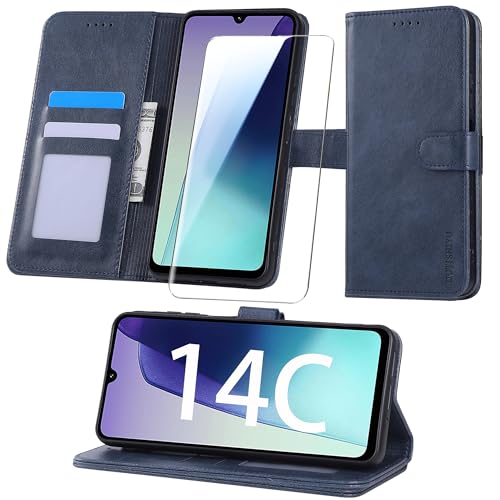 BUTISHIYU Handyhülle für Xiaomi Redmi 14C 4G Hülle [Mit 1 Stück Panzer Schutz Glas], Premium PU Leder, RFID Kartenfach Standfunktion, Lederhülle für Xiaomi Redmi 14C 4G - Blau von BUTISHIYU