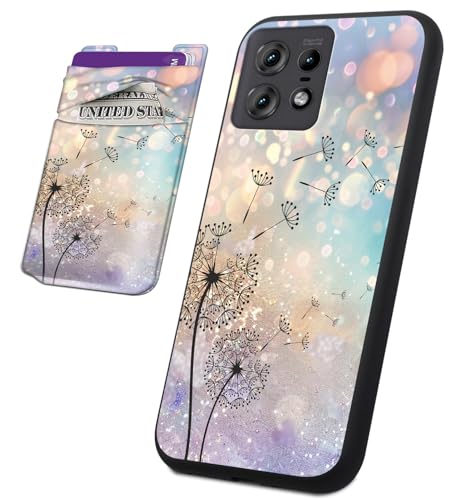 BVCLKJPOI Für Motorola Edge 50 Pro Hülle mit Kartenhalter, 2-in-1 Slim TPU Stoßfest Cover + Stick On Wallet Pocket, Anti-Scratch Weiche Schutzhülle für Moto Edge Pro 5G (6,7 Zoll), Glitzer Löwenzahn von BVCLKJPOI