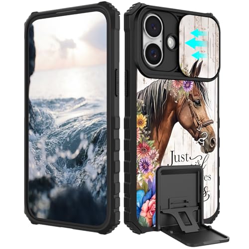 BVCLKJPOI Schutzhülle für iPhone 16 / 5G, 15,5 cm (6,1 Zoll), mit Schiebe-Kamera-Abdeckung, stoßfest, matt, harte Schutzhülle mit Ständer, schmal, kratzfest, langlebig, Motiv: Pferde von BVCLKJPOI
