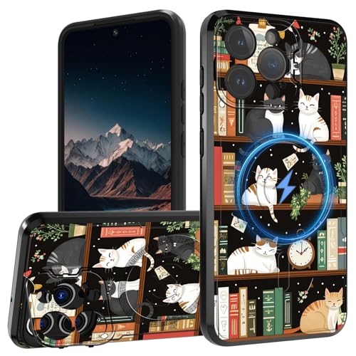 Magnetische Schutzhülle für iPhone 16 Pro Max mit Ständer, eingebauter unsichtbarer Ständer, kompatibel mit MagSafe, doppellagig, robust, sturzsicher, Katzen-Bücherregal Magnetische Schutzhülle für iPhone 16 Pro Max mit Ständer, eingebauter unsichtbarer Ständer, kompatibel mit MagSafe, doppellagig, robust, sturzsicher, Katzen-Bücherregal von BVCLKJPOI