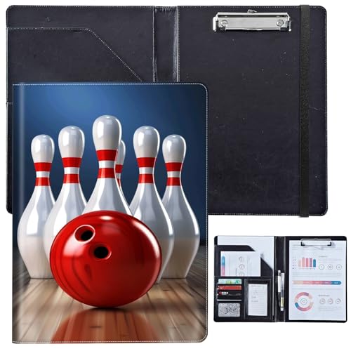 PU-Leder-Portfolio für Damen, Lebenslauf-Mappe für Interviews, professioneller Business-Organizer mit Dokumentenhalter, Kartenfächern und Stiftschlaufe, passend für Klemmbrett im A4-Format, Bowling von BVCLKJPOI