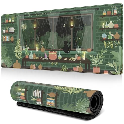 Niedliches Gaming Mauspad XXL, Grüner Schreibtisch Matte 800x300mm Rutschfeste Gummibasis, Wasserabweisend Schreibtischunterlage für Home Office (Mond Kätzchen) von BVI BOOMERVIVI