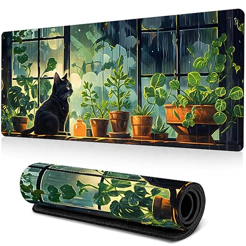 Niedliches Gaming Mauspad XXL, Grüner Schreibtisch Matte 800x300mm Rutschfeste Gummibasis, Wasserabweisend Schreibtischunterlage für Home Office (Regnende Kätzchen) von BVI BOOMERVIVI