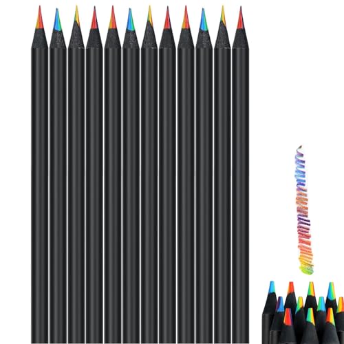 BVSRCP Regenbogenstifte kinder, 12 Stück Regenbogenstift, 7 in 1 Zeichnung Bleistift Set, Malstift mit gemischten Farben aus schwarzem Tannenholz - für Kunst Zeichnung, Skizzieren und Färbung von BVSRCP