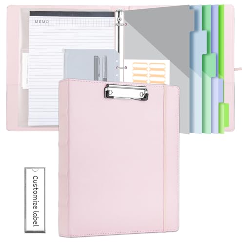 BVSSX 3-Ringordner mit Klemmbrett, 2,5 cm Ordner mit Notizblock und 5 Trennwänden mit Taschen, Etiketten, PU-Klemmbretter für Schule, Büro (Rosa, Briefgröße) von BVSSX