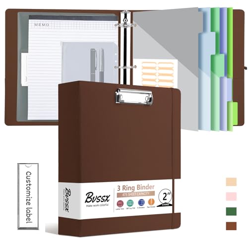 BVSSX 3-Ringordner mit Klemmbrett, 5,1 cm Ordner mit Notizblock und 5 Trennwänden mit Taschen, Etiketten, PU-Klemmbretter für Schule, Büro (Braun, Briefgröße) von BVSSX