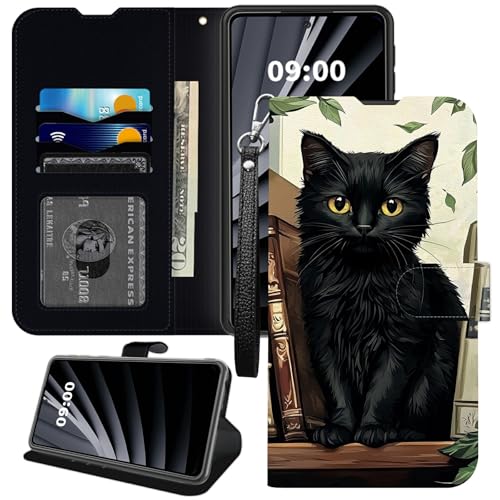 BWEGRHE Catt Schutzhülle für TCL K24 (T434D), für TCL K24 (T434D) Brieftaschen-Schutzhülle, PU-Leder, TPU, Klappfunktion, Magnetschnalle, Ständer, mit Kreditkartenschlitz, Handschlaufe, Schwarz von BWEGRHE