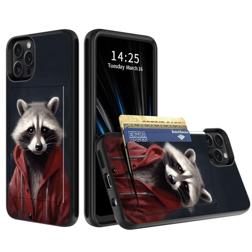 BWEGRHE Funny Racoon Schutzhülle für iPhone 15 Pro, 15,5 cm (6,1 Zoll), mit verstecktem Kartenhalter, zweilagiger Hybrid-ID-Kartenschlitz, harte Rückseite, weiche Innenseite, Gummi, Bumper, Klapphülle von BWEGRHE