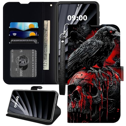 BWEGRHE Raven Skull Handyhülle für iPhone 15 Pro, iPhone 15 Pro, Brieftaschen-Hülle, PU-Leder, TPU, Flip-Magnetschnalle, Kickstand Cover mit Kreditkartenschlitz, Handschlaufe BWEGRHE Raven Skull Handyhülle für iPhone 15 Pro, iPhone 15 Pro, Brieftaschen-Hülle, PU-Leder, TPU, Flip-Magnetschnalle, Kickstand Cover mit Kreditkartenschlitz, Handschlaufe von BWEGRHE