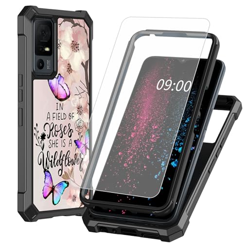 BWEGRHE Sakura Schutzhülle für TCL 40 XE 5G 17,1 cm (6,7 Zoll), Schmetterlings-Design, mit Displayschutzfolie aus gehärtetem Glas, 2-lagig, stoßfeste TPU-Ecke + integrierter Rahmen, Stoßfängerhülle von BWEGRHE