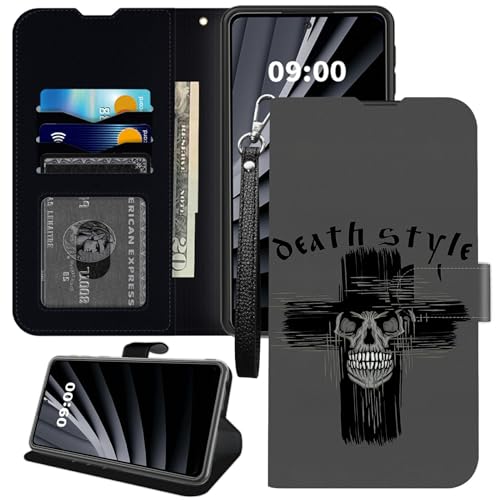 BWEGRHE Schutzhülle für TCL 30Z (T602DL), Gothic-Totenkopf-Kreuz, PU-Leder, mit TPU-Klappverschluss, Magnetschnalle, Ständer, mit Kreditkartenschlitz, Handschlaufe von BWEGRHE