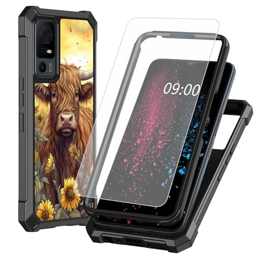 BWEGRHE Schutzhülle für TCL 40 XE 5G 17,1 cm (6,7 Zoll), Highland Cattle Sunflower Design mit gehärtetem Glas, 2-lagig, stoßfeste TPU-Ecke + integrierter Rahmen, Stoßfängerhülle für TCL 40 X 5G von BWEGRHE