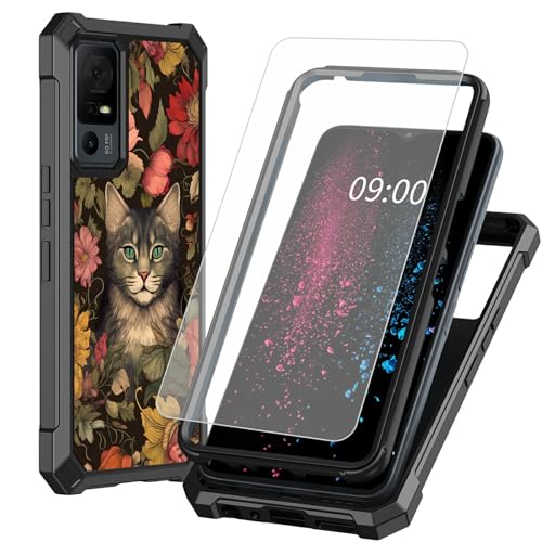 BWEGRHE Schutzhülle für TCL 40 XE 5G 17,1 cm (6,7 Zoll), Katzen- und Blumen-Design mit Displayschutzfolie aus gehärtetem Glas, 2-lagig, stoßfeste TPU-Ecke + integrierter Rahmen, Stoßfänger von BWEGRHE