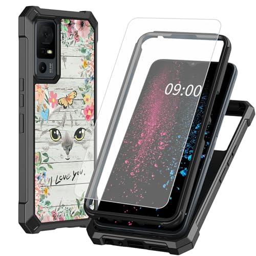 BWEGRHE Schutzhülle für TCL 40 XE 5G 17,1 cm (6,7 Zoll), Katzenblumen-Design mit Displayschutzfolie aus gehärtetem Glas, 2-lagig, stoßfeste TPU-Ecke + integrierter Rahmen, Stoßfängerhülle von BWEGRHE
