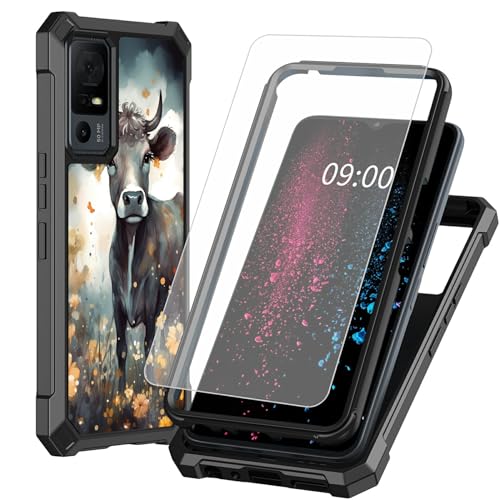 BWEGRHE Schutzhülle für TCL 40 XE 5G 17,1 cm (6,7 Zoll), Kuh-Sonnenblumen-Design mit gehärtetem Glas, 2-lagig, stoßfeste TPU-Ecke + integrierter Rahmen, Stoßfänger von BWEGRHE