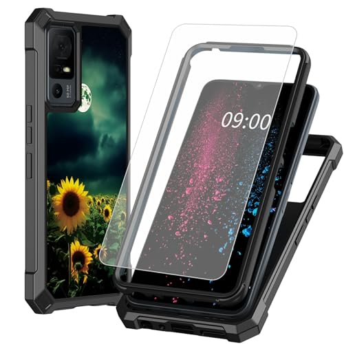 BWEGRHE Schutzhülle für TCL 40 XE 5G 17,1 cm (6,7 Zoll), Motiv: Mond-Sonnenblumenfeld, mit Displayschutzfolie aus gehärtetem Glas, 2-lagig, stoßfeste TPU-Ecke + integrierter Rahmen, Stoßfängerhülle von BWEGRHE