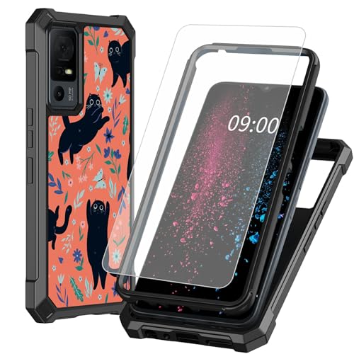 BWEGRHE Schutzhülle für TCL 40 XE 5G 17,1 cm (6,7 Zoll), Motiv: schwarze Katze und Blumen, mit Displayschutzfolie aus gehärtetem Glas, 2-lagig, stoßfeste TPU-Ecke + integrierter Rahmen von BWEGRHE