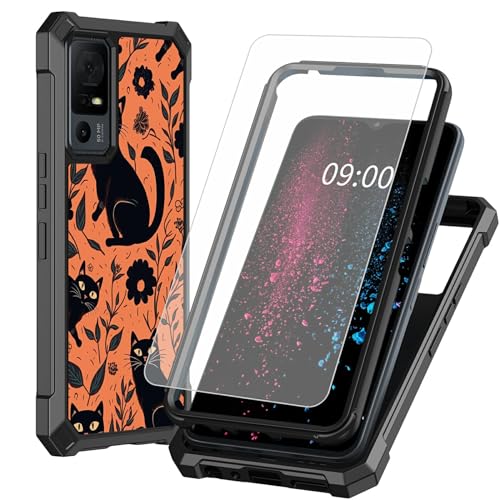BWEGRHE Schutzhülle für TCL 40 XE 5G 17,1 cm (6,7 Zoll), Motiv: schwarze Katze und Blumen, mit Displayschutzfolie aus gehärtetem Glas, 2-lagig, stoßfeste TPU-Ecke + integrierter Rahmen von BWEGRHE