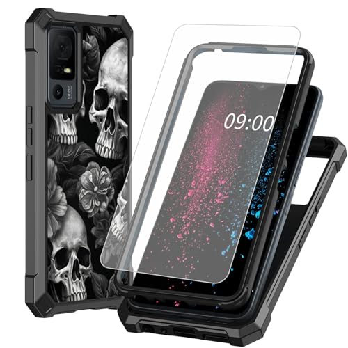 BWEGRHE Schutzhülle für TCL 40 XE 5G 17,1 cm (6,7 Zoll), Totenkopf-Design, mit Displayschutzfolie aus gehärtetem Glas, 2-lagig, stoßfeste TPU-Ecke + integrierter Rahmen, Stoßfängerhülle von BWEGRHE