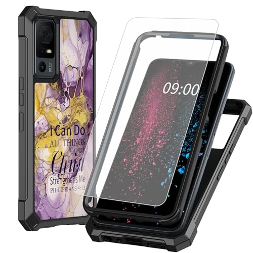 BWEGRHE Schutzhülle für TCL 40 XE 5G 17,1 cm (6,7 Zoll), mit Displayschutzfolie aus gehärtetem Glas, 2 Schichten, stoßfeste TPU-Ecke + integrierter Rahmen, goldfarbenes Violettes Marmor-Design von BWEGRHE