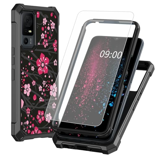 BWEGRHE Schutzhülle für TCL 40 XE 5G 17,1 cm (6,7 Zoll), mit Displayschutzfolie aus gehärtetem Glas, 2-lagig, stoßfeste TPU-Ecke + integrierter Rahmen, Pink Cherry Blossom Design von BWEGRHE